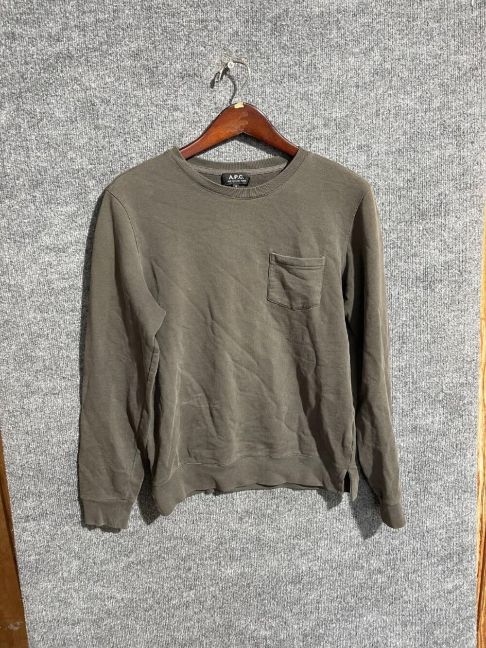 A.P.C. Sweatshirt Mens Small Green Pocket Crewneck Pullover Cotton Minimalist